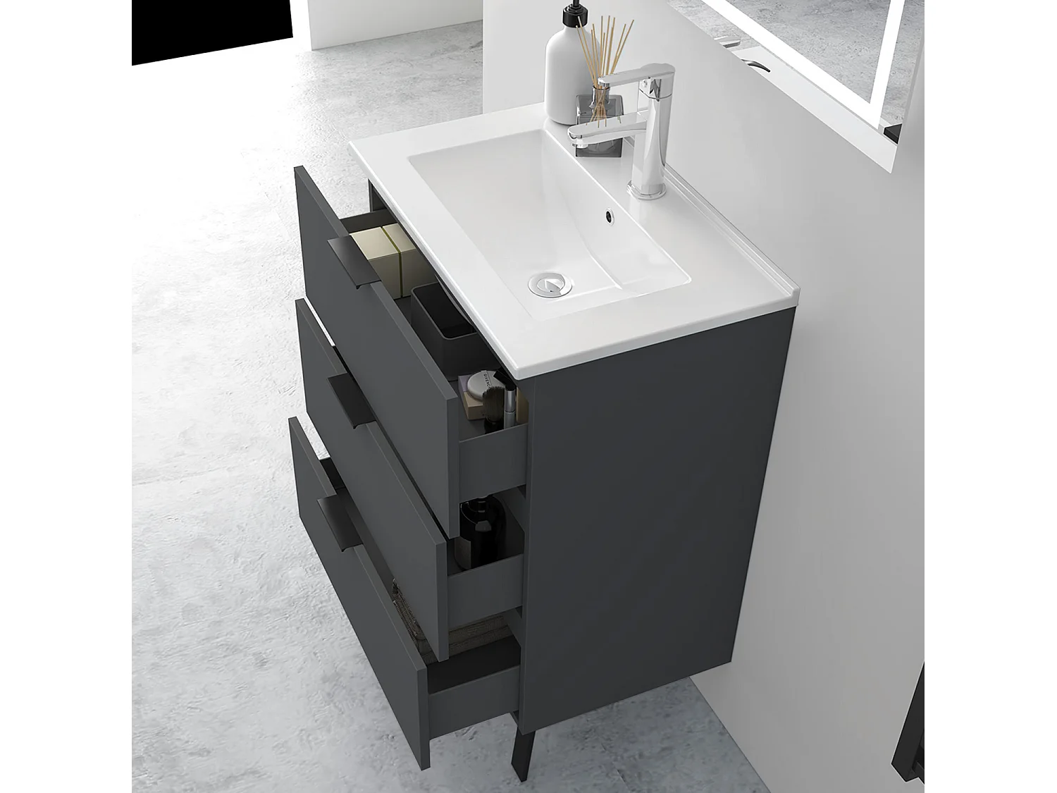 AICA Ensembles de meubles de Salle de Bain 60cm avec Pieds, et blanc vasque en céramique, 3 tiroirs, Anthracite, Style Moderne