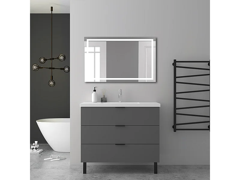 AICA Ensembles de meubles de Salle de Bain 100cm avec 2 Pieds, et vasque en céramique, 3 tiroirs, Anthracite, Style Moderne