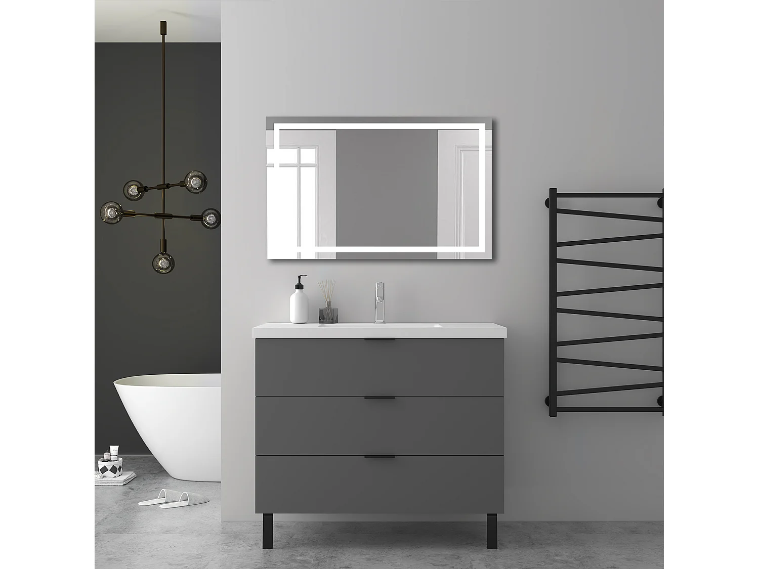 AICA Ensembles de meubles de Salle de Bain 100cm avec 2 Pieds, et vasque en céramique, 3 tiroirs, Anthracite, Style Moderne