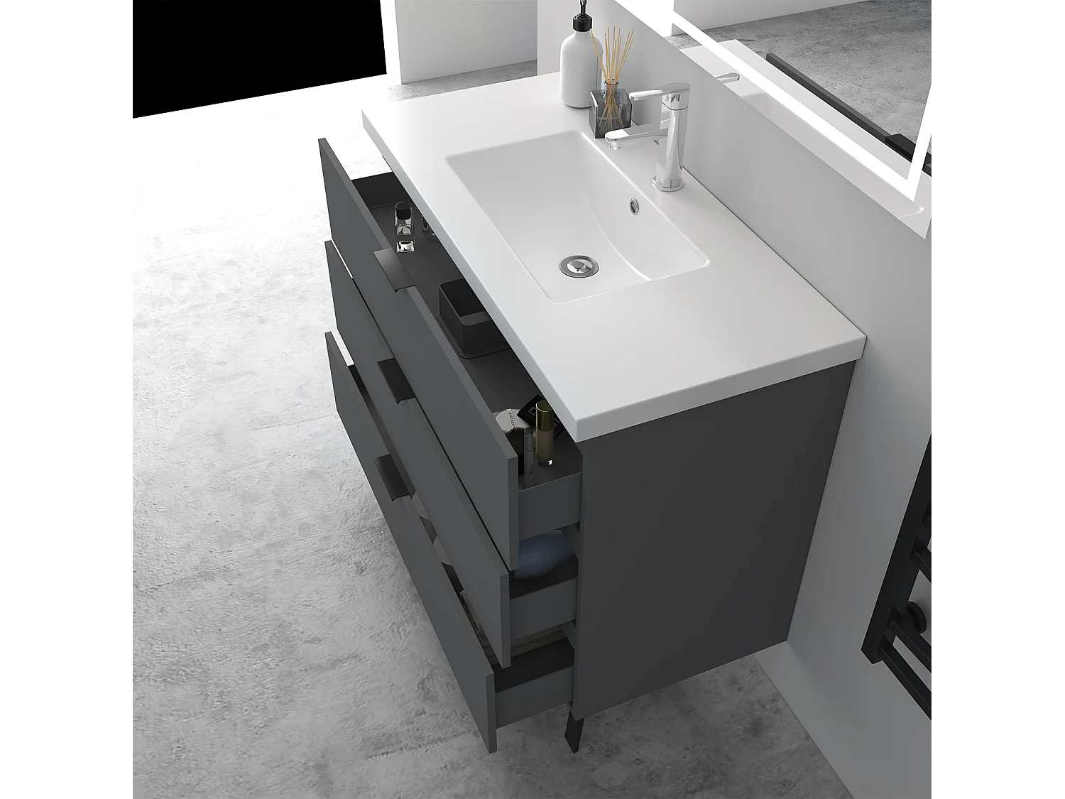 AICA Ensembles de meubles de Salle de Bain 100cm avec 2 Pieds, et vasque en céramique, 3 tiroirs, Anthracite, Style Moderne