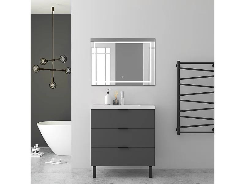AICA Ensembles de meubles de Salle de Bain 80cm avec 2 Pieds, et vasque en céramique, 3 tiroirs, Anthracite, Style Moderne