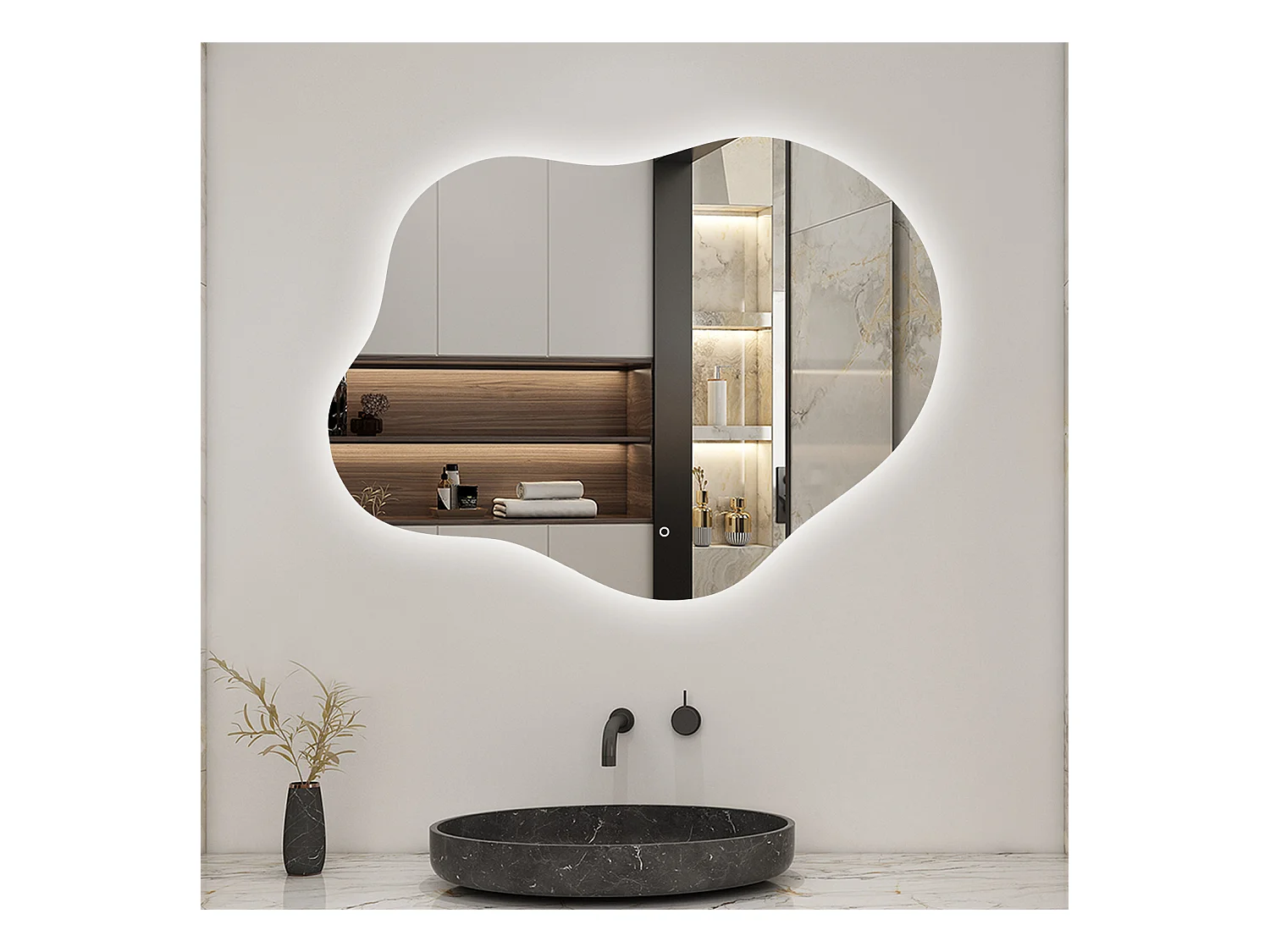 AICA Miroir de salle de bain Asymétrique en Forme de Nuage 90×68cm, Rétro-Éclairage, Design Irrégulier, Tricolore + Dimmable + Anti-buée + Mémoire