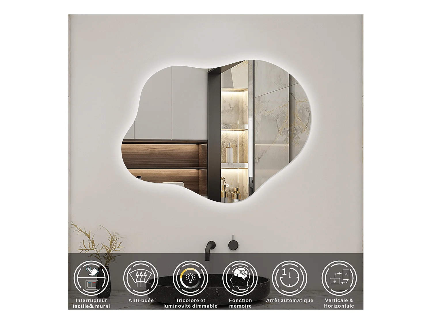 AICA Miroir de salle de bain Asymétrique en Forme de Nuage 90×68cm, Rétro-Éclairage, Design Irrégulier, Tricolore + Dimmable + Anti-buée + Mémoire