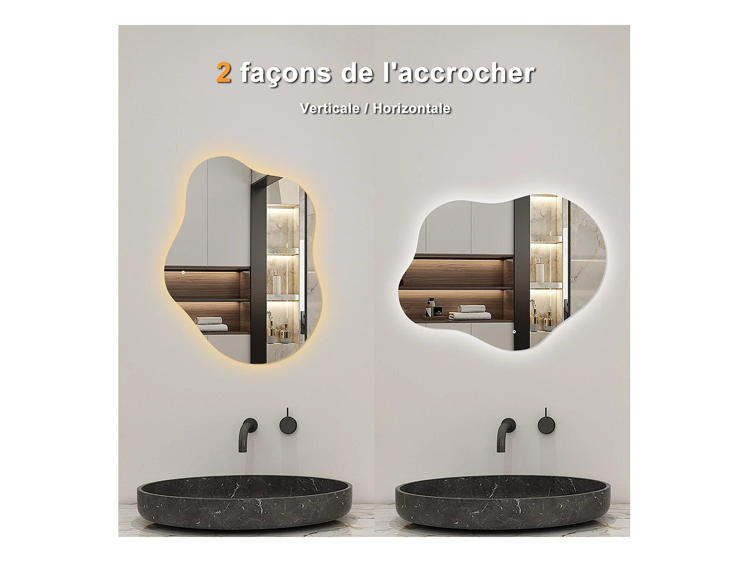 AICA Miroir de salle de bain Asymétrique en Forme de Nuage 90×68cm, Rétro-Éclairage, Design Irrégulier, Tricolore + Dimmable + Anti-buée + Mémoire