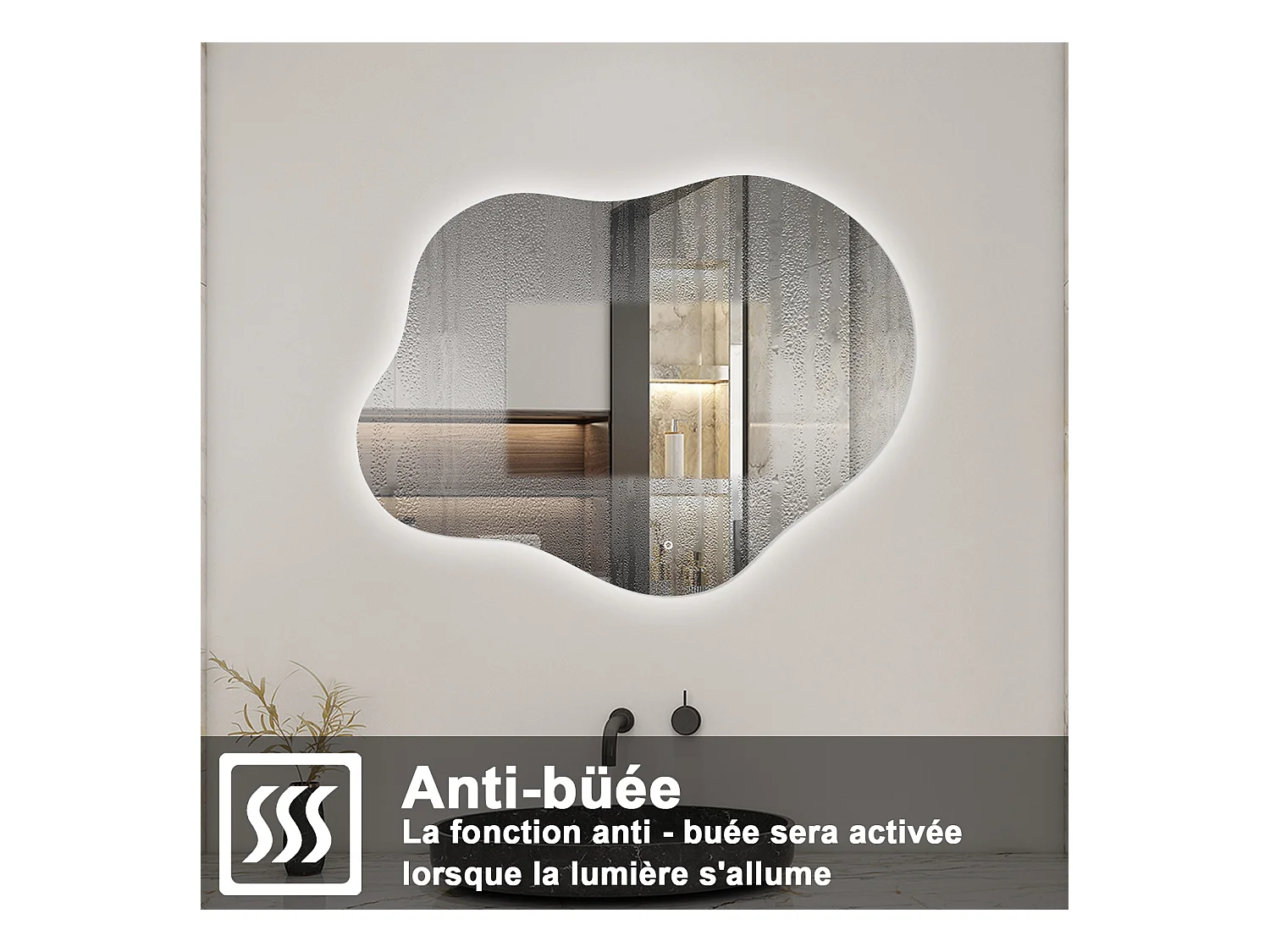 AICA Miroir de salle de bain Asymétrique en Forme de Nuage 90×68cm, Rétro-Éclairage, Design Irrégulier, Tricolore + Dimmable + Anti-buée + Mémoire