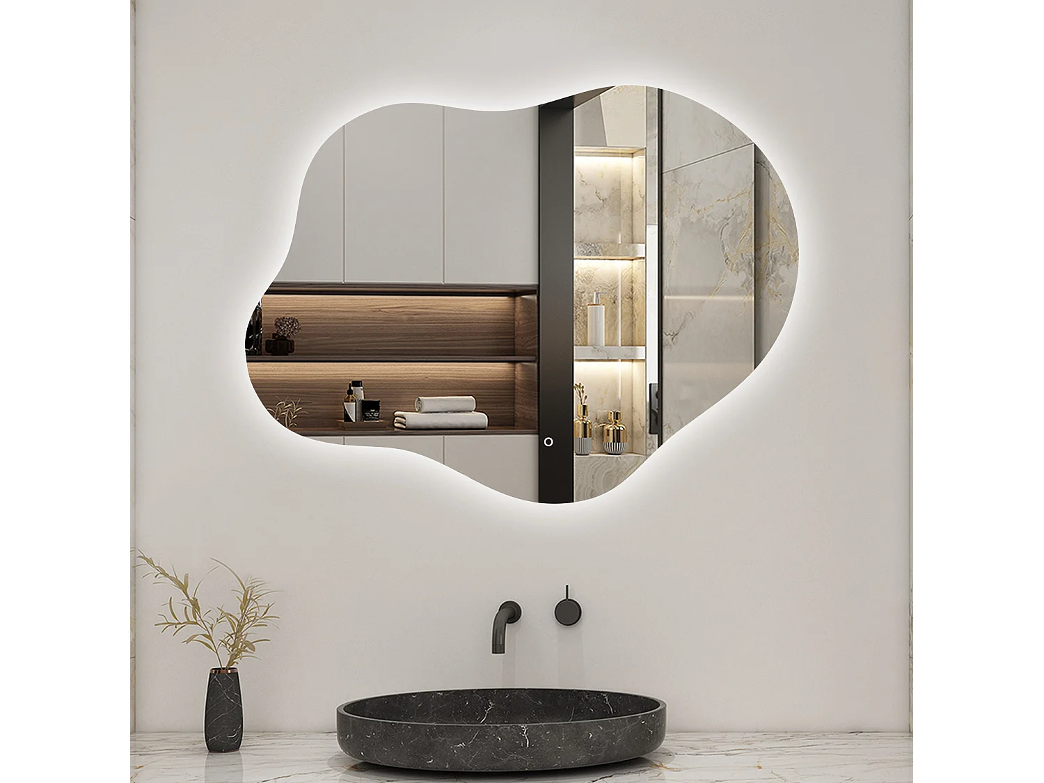 AICA Miroir de salle de bain Asymétrique en Forme de Nuage 90×68cm, Rétro-Éclairage, Design Irrégulier, Tricolore + Dimmable + Anti-buée + Mémoire