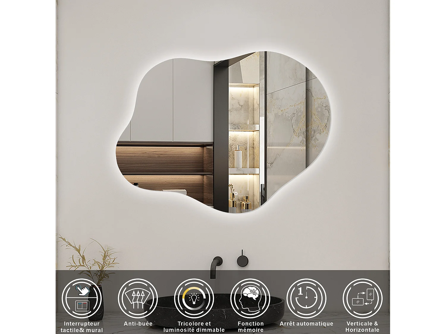 AICA Miroir de salle de bain Asymétrique en Forme de Nuage 90×68cm, Rétro-Éclairage, Design Irrégulier, Tricolore + Dimmable + Anti-buée + Mémoire