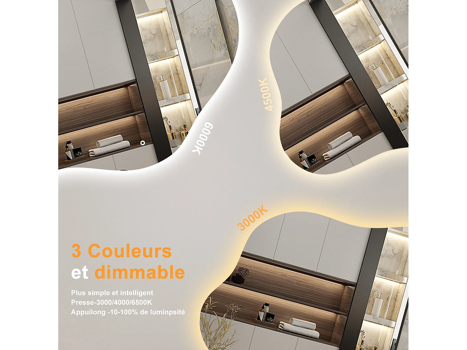 AICA Miroir de salle de bain Asymétrique en Forme de Nuage 90×68cm, Rétro-Éclairage, Design Irrégulier, Tricolore + Dimmable + Anti-buée + Mémoire