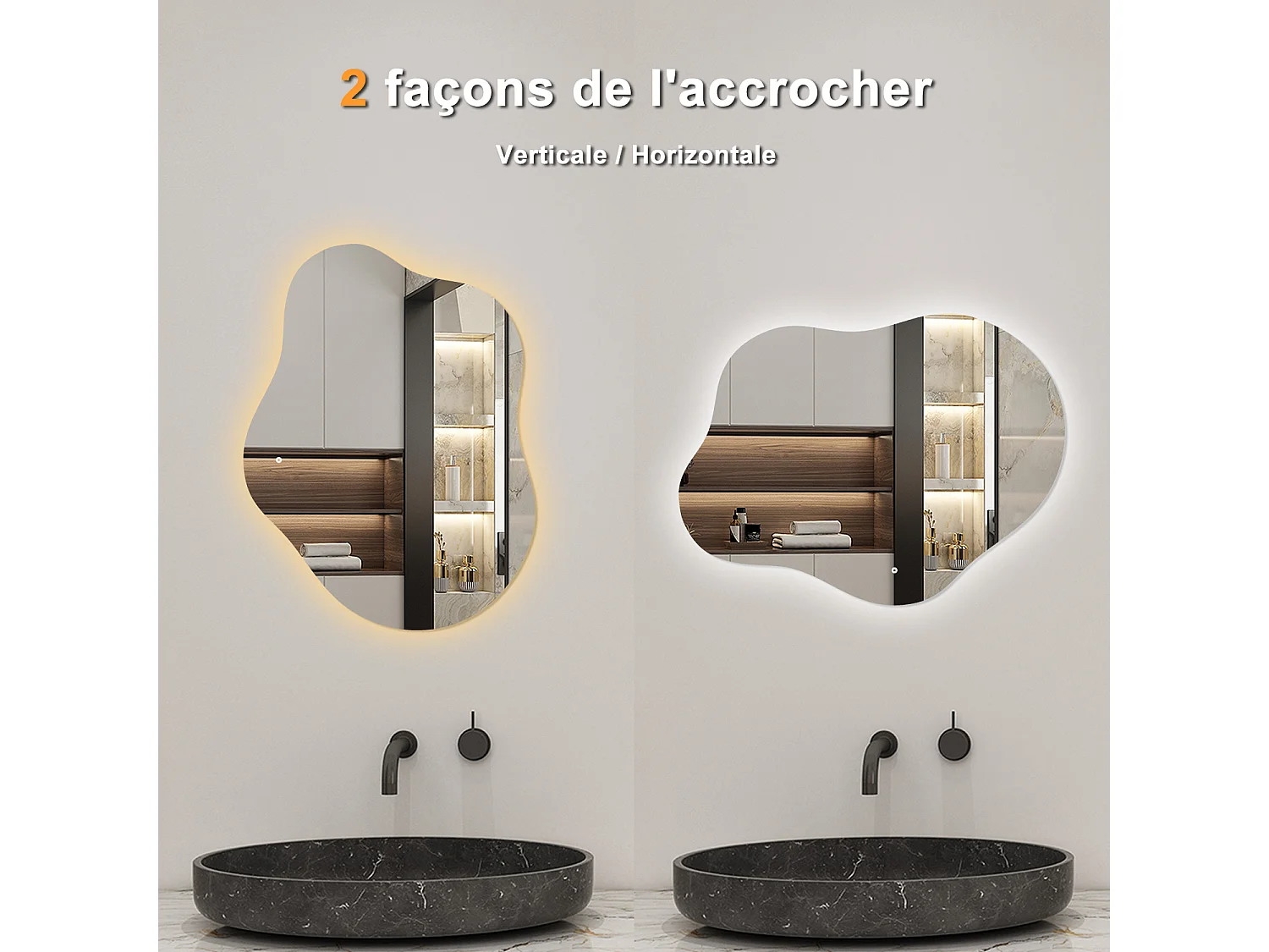 AICA Miroir de salle de bain Asymétrique en Forme de Nuage 90×68cm, Rétro-Éclairage, Design Irrégulier, Tricolore + Dimmable + Anti-buée + Mémoire