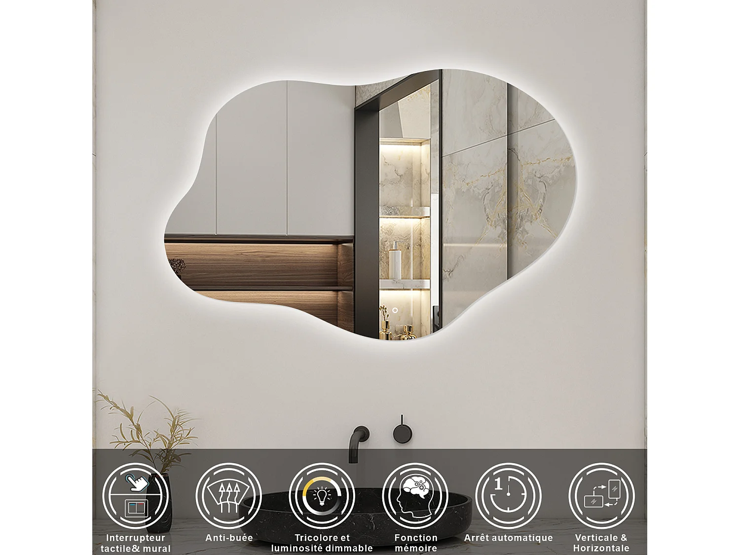 AICA Miroir de salle de bain Asymétrique en Forme de Nuage 100×66cm, Rétro-Éclairage, Design Irrégulier, Tricolore + Dimmable + Anti-buée + Mémoire