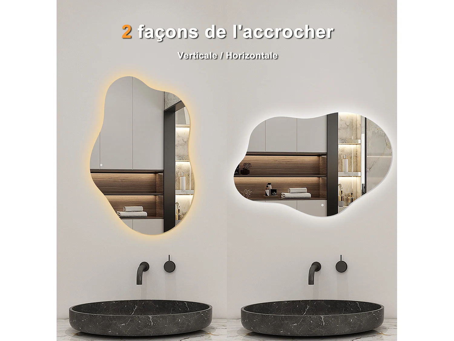 AICA Miroir de salle de bain Asymétrique en Forme de Nuage 100×66cm, Rétro-Éclairage, Design Irrégulier, Tricolore + Dimmable + Anti-buée + Mémoire