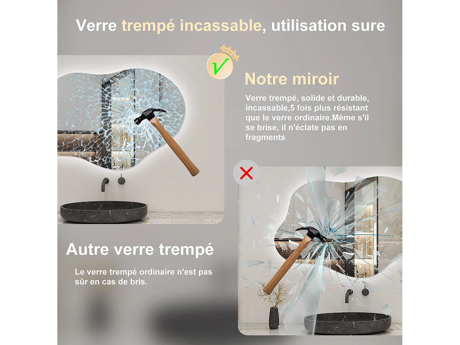 AICA Miroir de salle de bain Asymétrique en Forme de Nuage 100×66cm, Rétro-Éclairage, Design Irrégulier, Tricolore + Dimmable + Anti-buée + Mémoire