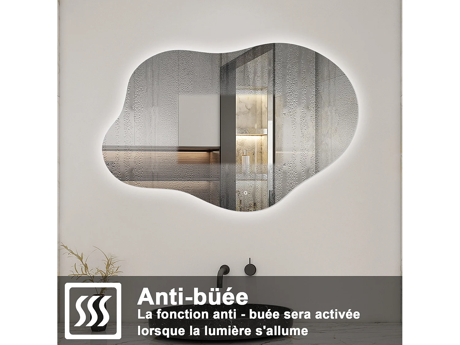 AICA Miroir de salle de bain Asymétrique en Forme de Nuage 100×66cm, Rétro-Éclairage, Design Irrégulier, Tricolore + Dimmable + Anti-buée + Mémoire
