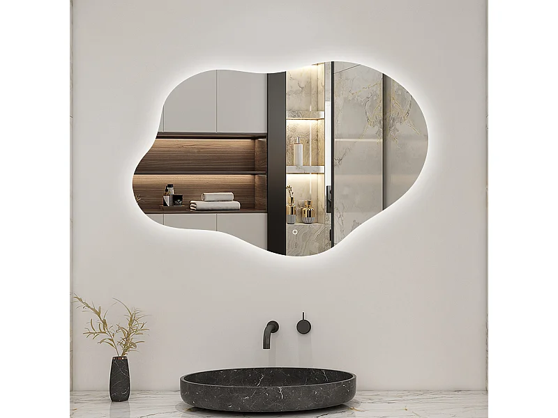 AICA Miroir de salle de bain Asymétrique en Forme de Nuage 100×66cm, Rétro-Éclairage, Design Irrégulier, Tricolore + Dimmable + Anti-buée + Mémoire
