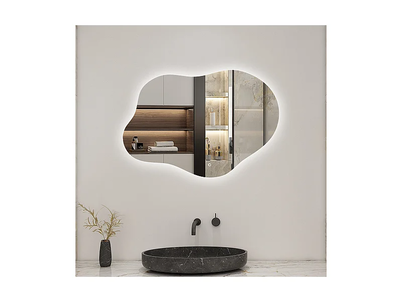 AICA Miroir de salle de bain Asymétrique en Forme de Nuage 80×55cm, Rétro-Éclairage, Design Irrégulier, Tricolore + Dimmable + Anti-buée + Mémoire