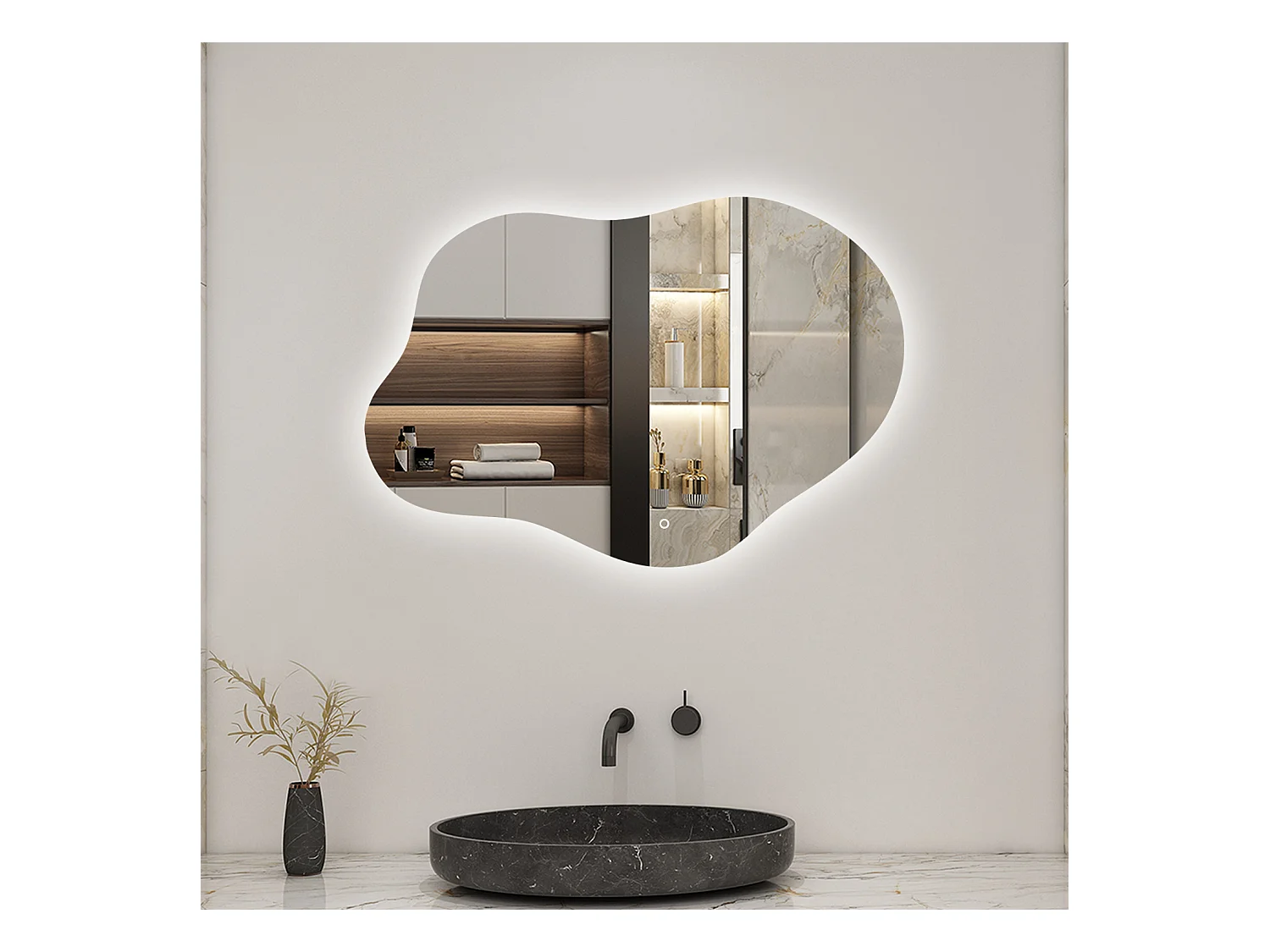 AICA Miroir de salle de bain Asymétrique en Forme de Nuage 80×55cm, Rétro-Éclairage, Design Irrégulier, Tricolore + Dimmable + Anti-buée + Mémoire