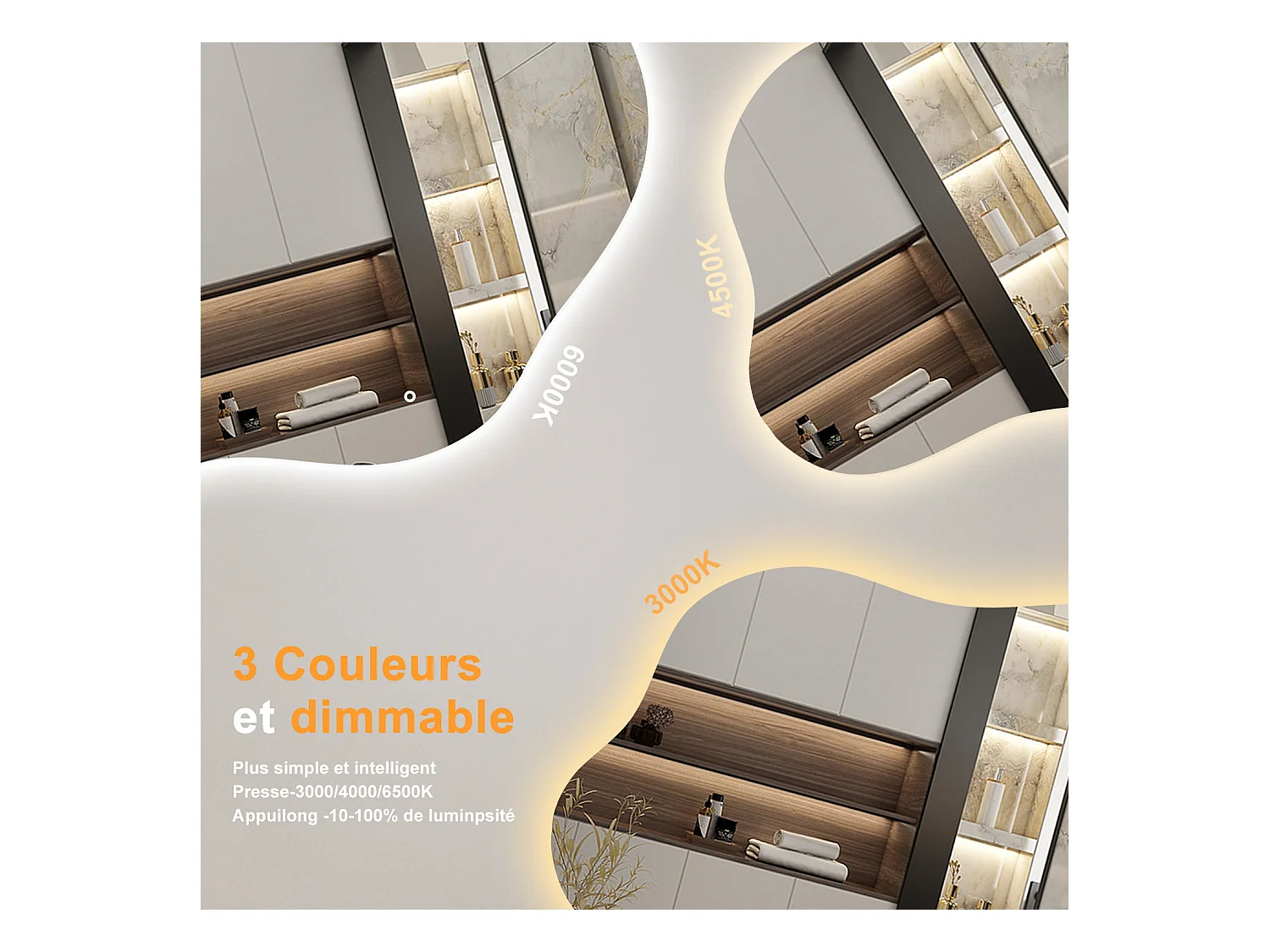 AICA Miroir de salle de bain Asymétrique en Forme de Nuage 80×55cm, Rétro-Éclairage, Design Irrégulier, Tricolore + Dimmable + Anti-buée + Mémoire