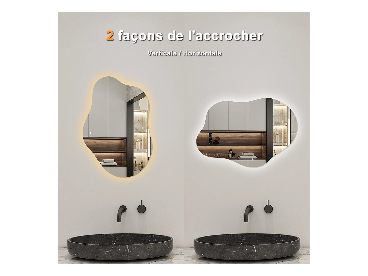 AICA Miroir de salle de bain Asymétrique en Forme de Nuage 80×55cm, Rétro-Éclairage, Design Irrégulier, Tricolore + Dimmable + Anti-buée + Mémoire