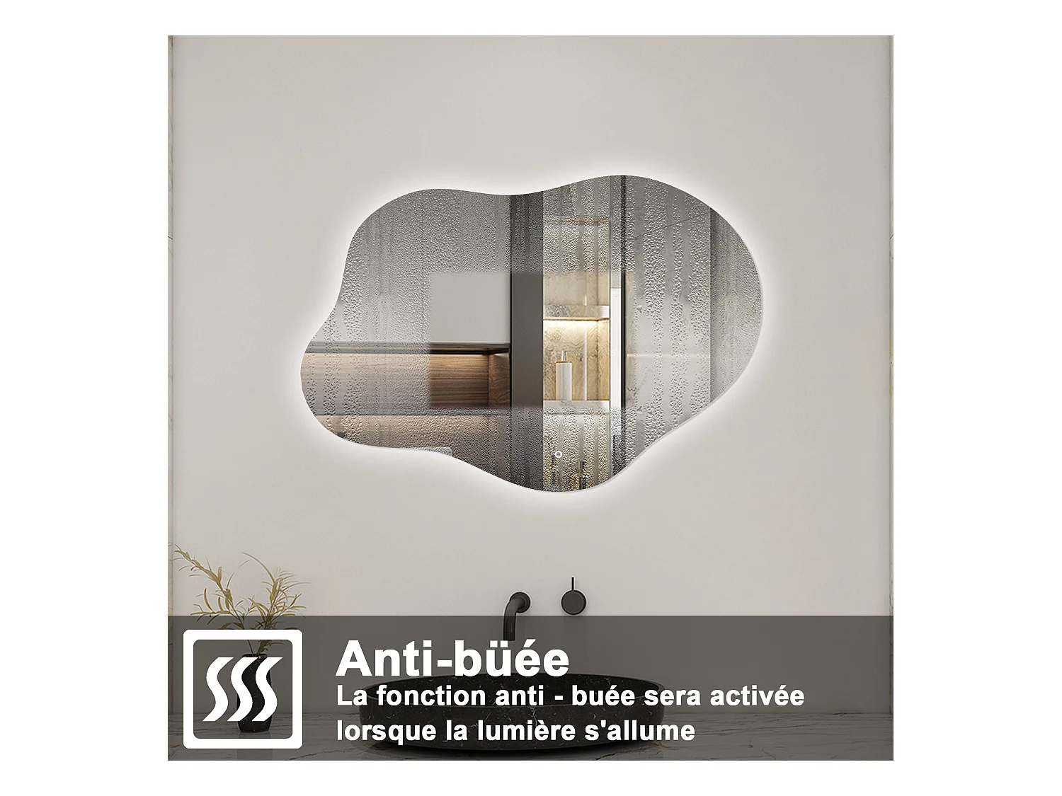 AICA Miroir de salle de bain Asymétrique en Forme de Nuage 80×55cm, Rétro-Éclairage, Design Irrégulier, Tricolore + Dimmable + Anti-buée + Mémoire