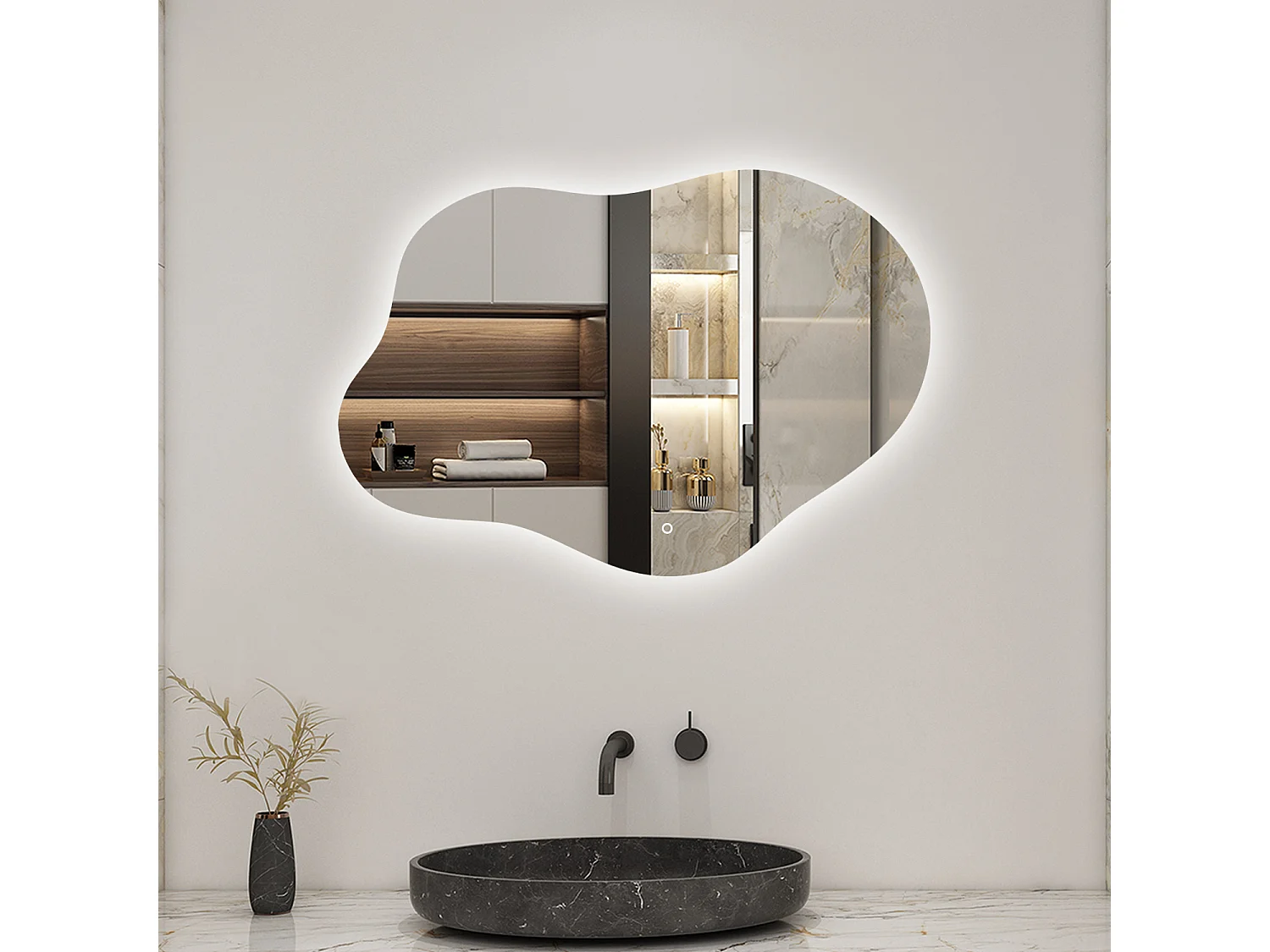 AICA Miroir de salle de bain Asymétrique en Forme de Nuage 80×55cm, Rétro-Éclairage, Design Irrégulier, Tricolore + Dimmable + Anti-buée + Mémoire