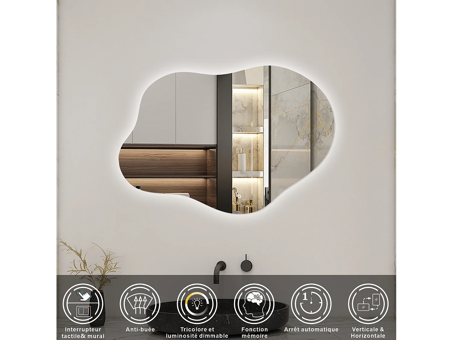 AICA Miroir de salle de bain Asymétrique en Forme de Nuage 80×55cm, Rétro-Éclairage, Design Irrégulier, Tricolore + Dimmable + Anti-buée + Mémoire