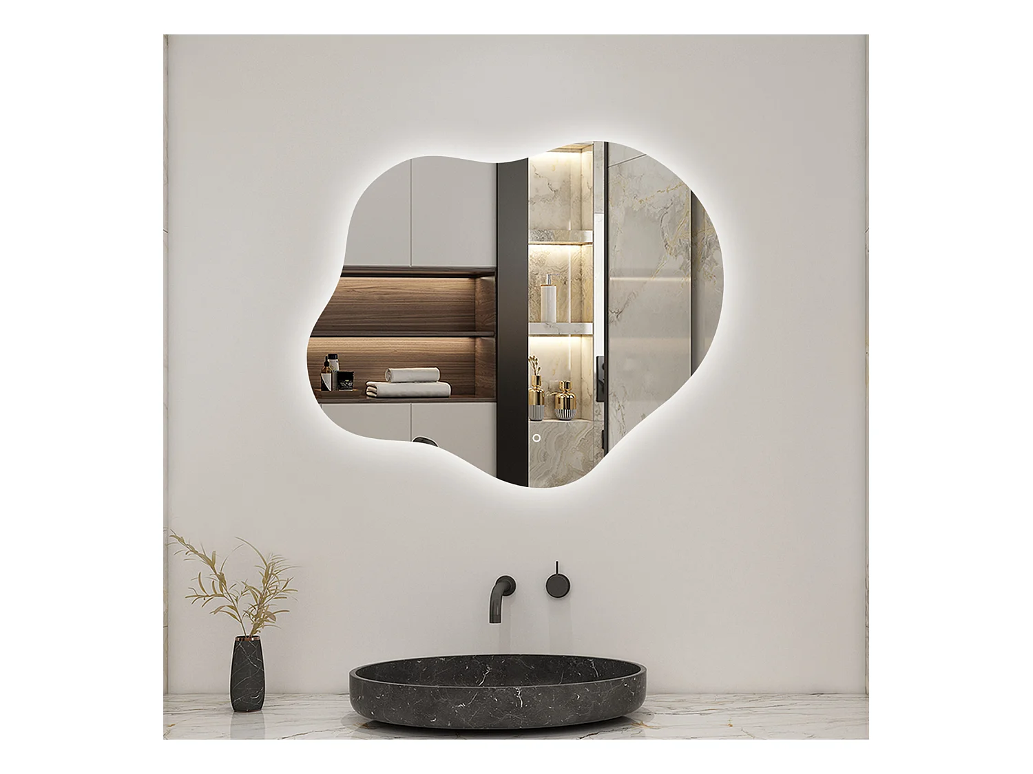 AICA Miroir de salle de bain Asymétrique en Forme de Nuage 60×50cm, Rétro-Éclairage, Design Irrégulier, Tricolore + Dimmable + Anti-buée + Mémoire