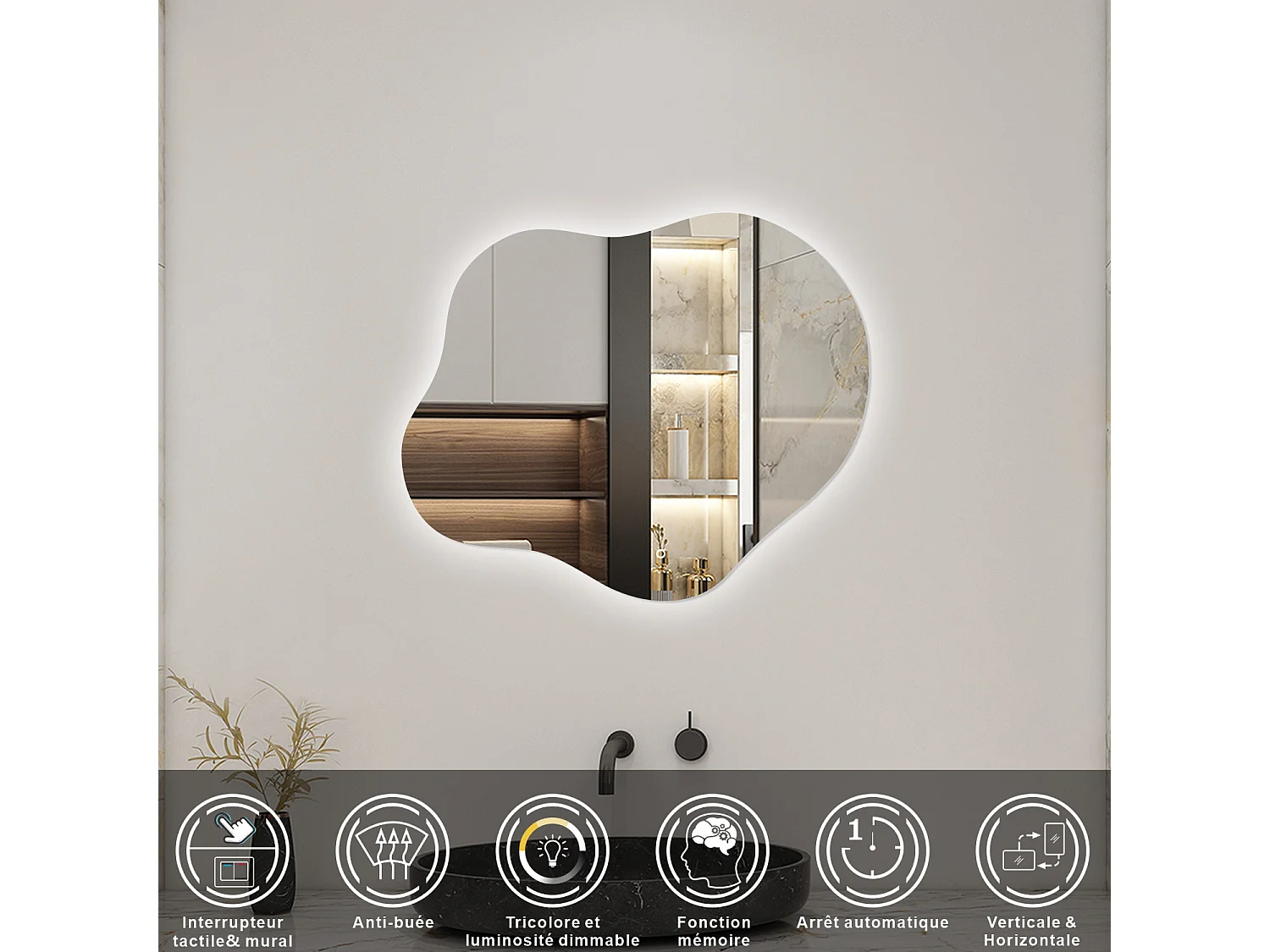 AICA Miroir de salle de bain Asymétrique en Forme de Nuage 60×50cm, Rétro-Éclairage, Design Irrégulier, Tricolore + Dimmable + Anti-buée + Mémoire