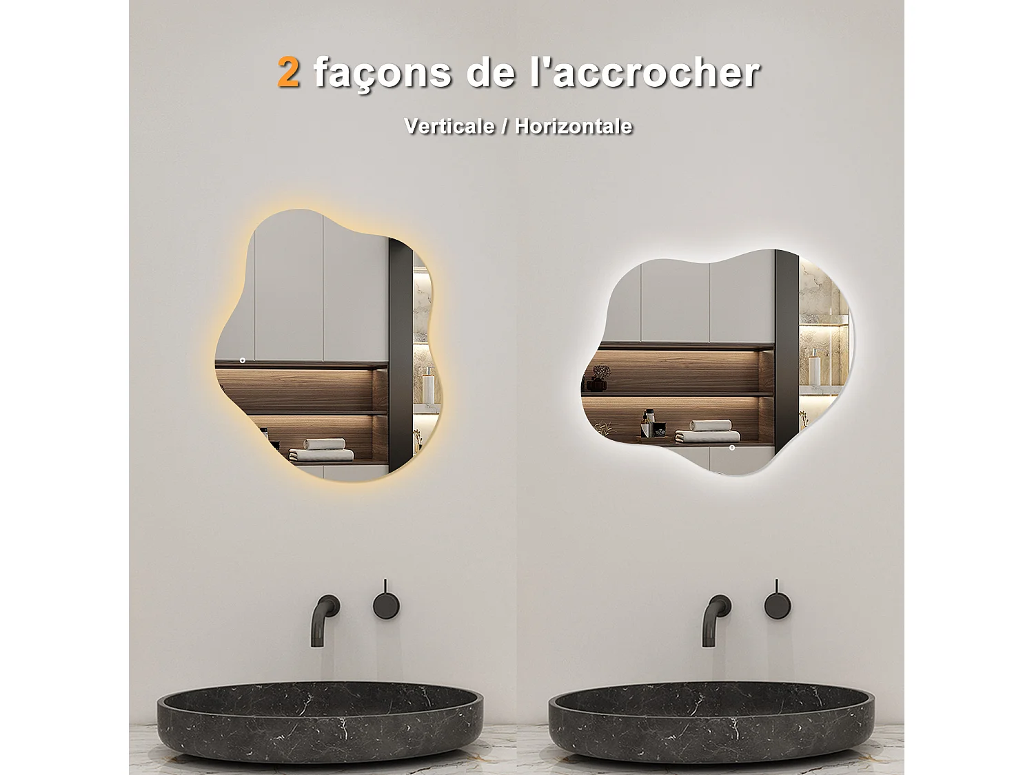 AICA Miroir de salle de bain Asymétrique en Forme de Nuage 60×50cm, Rétro-Éclairage, Design Irrégulier, Tricolore + Dimmable + Anti-buée + Mémoire