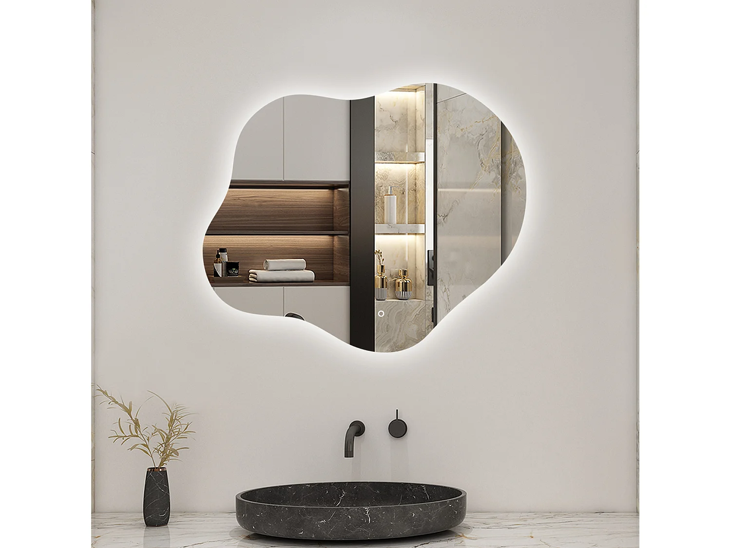 AICA Miroir de salle de bain Asymétrique en Forme de Nuage 60×50cm, Rétro-Éclairage, Design Irrégulier, Tricolore + Dimmable + Anti-buée + Mémoire