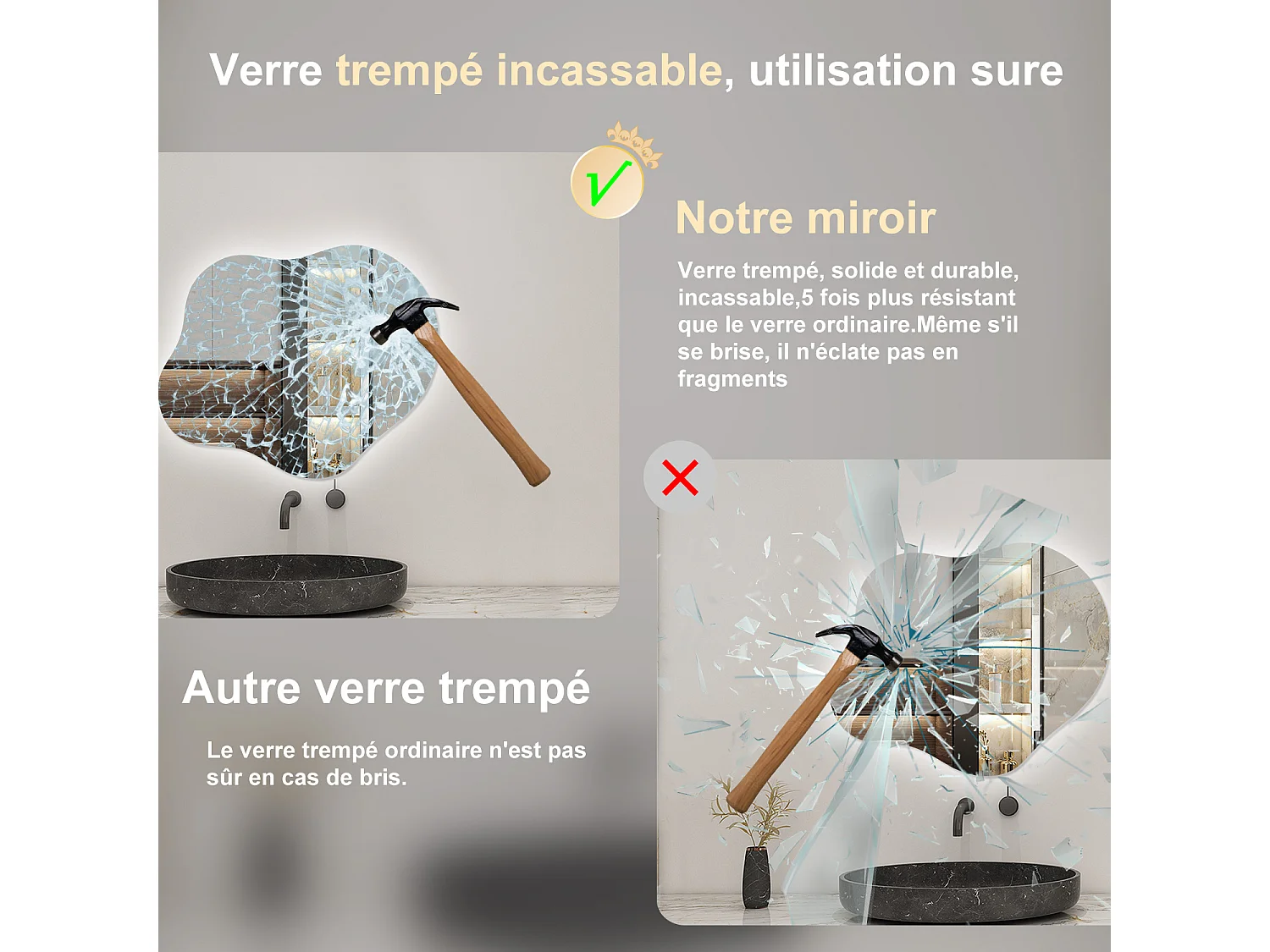 AICA Miroir de salle de bain Asymétrique en Forme de Nuage 60×50cm, Rétro-Éclairage, Design Irrégulier, Tricolore + Dimmable + Anti-buée + Mémoire