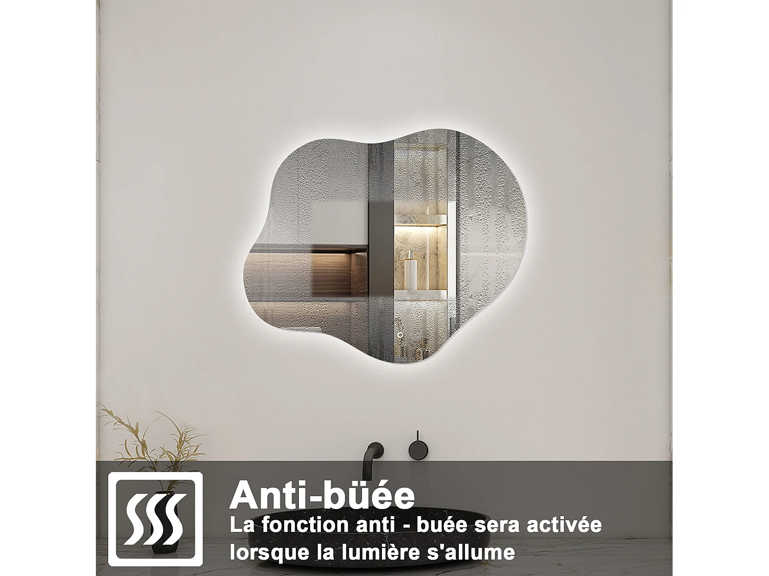 AICA Miroir de salle de bain Asymétrique en Forme de Nuage 60×50cm, Rétro-Éclairage, Design Irrégulier, Tricolore + Dimmable + Anti-buée + Mémoire