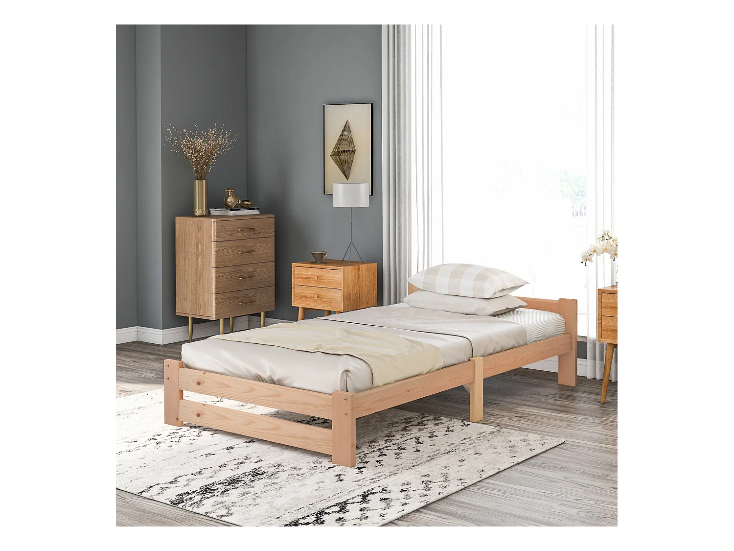 Cama futon maciça 200x90 cm natural – Cama de solteiro em madeira maciça com cabeceira e base