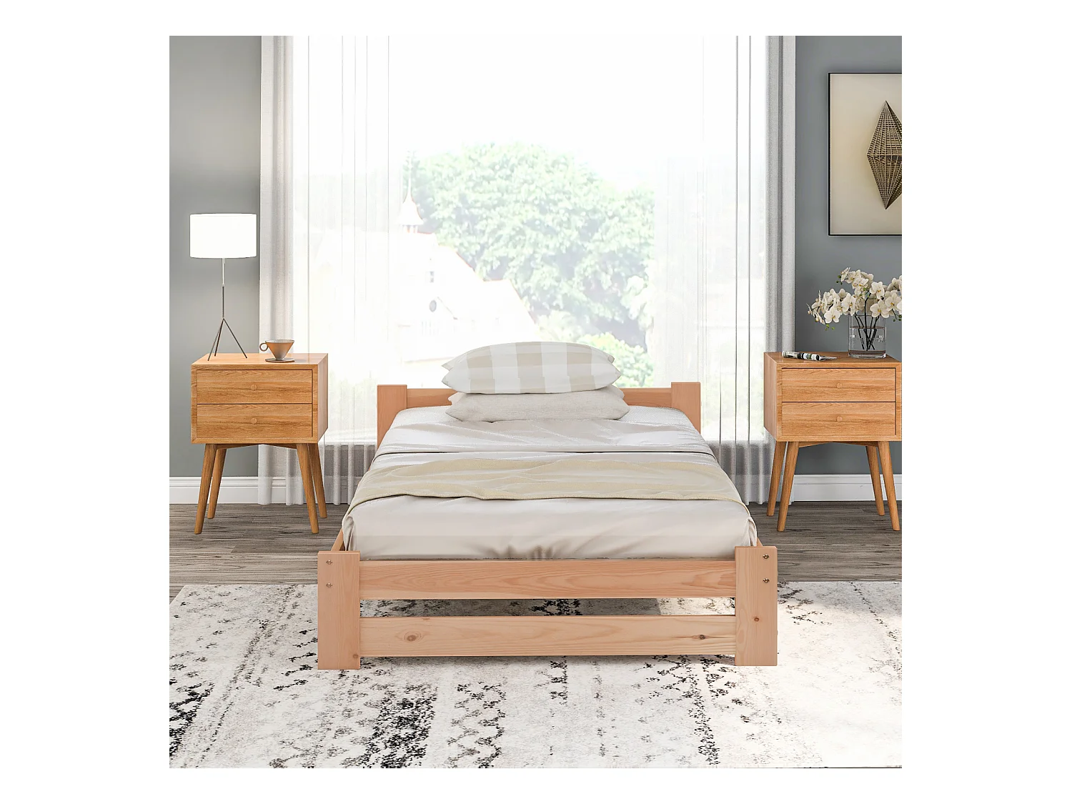 Cama futon maciça 200x90 cm natural – Cama de solteiro em madeira maciça com cabeceira e base