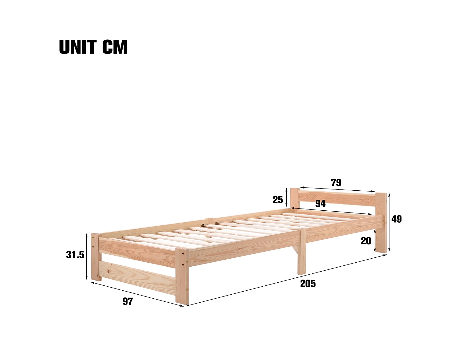 Cama futon maciça 200x90 cm natural – Cama de solteiro em madeira maciça com cabeceira e base