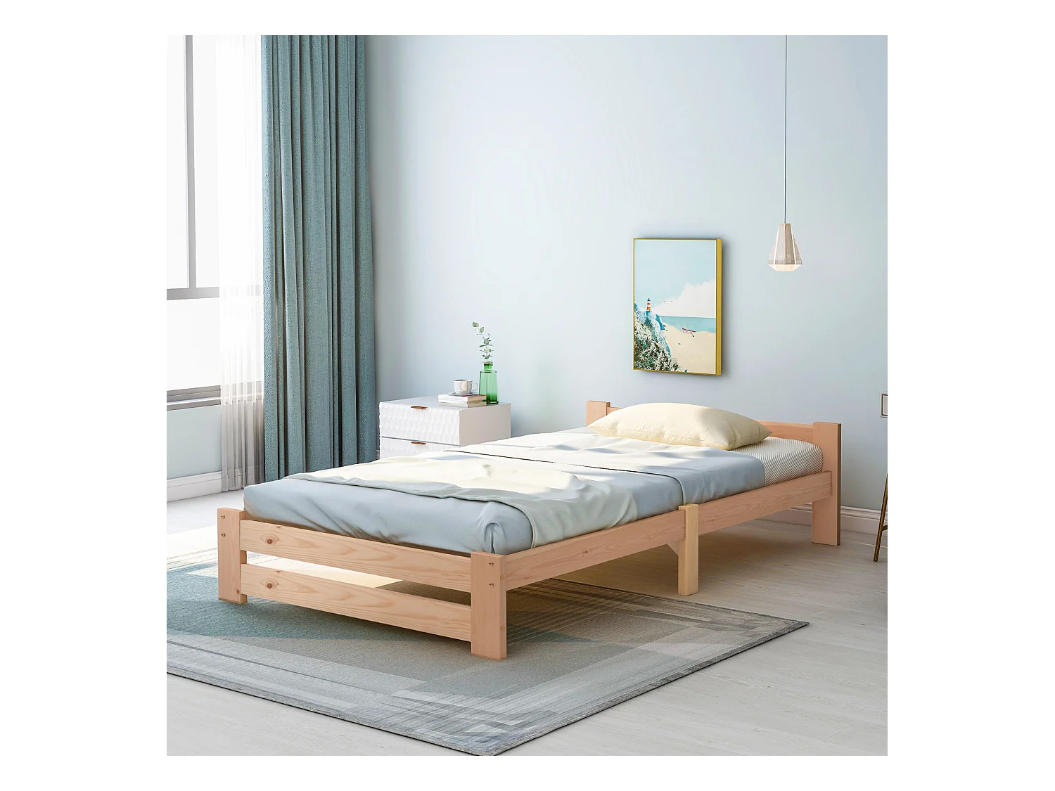 Cama futon maciça 200x90 cm natural – Cama de solteiro em madeira maciça com cabeceira e base