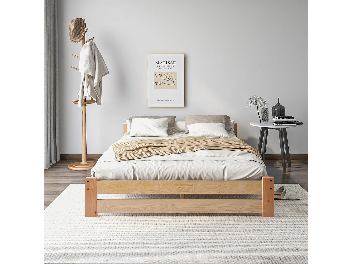Cama futón maciza 200x140 cm natural – Cama doble de madera maciza con cabecero y base