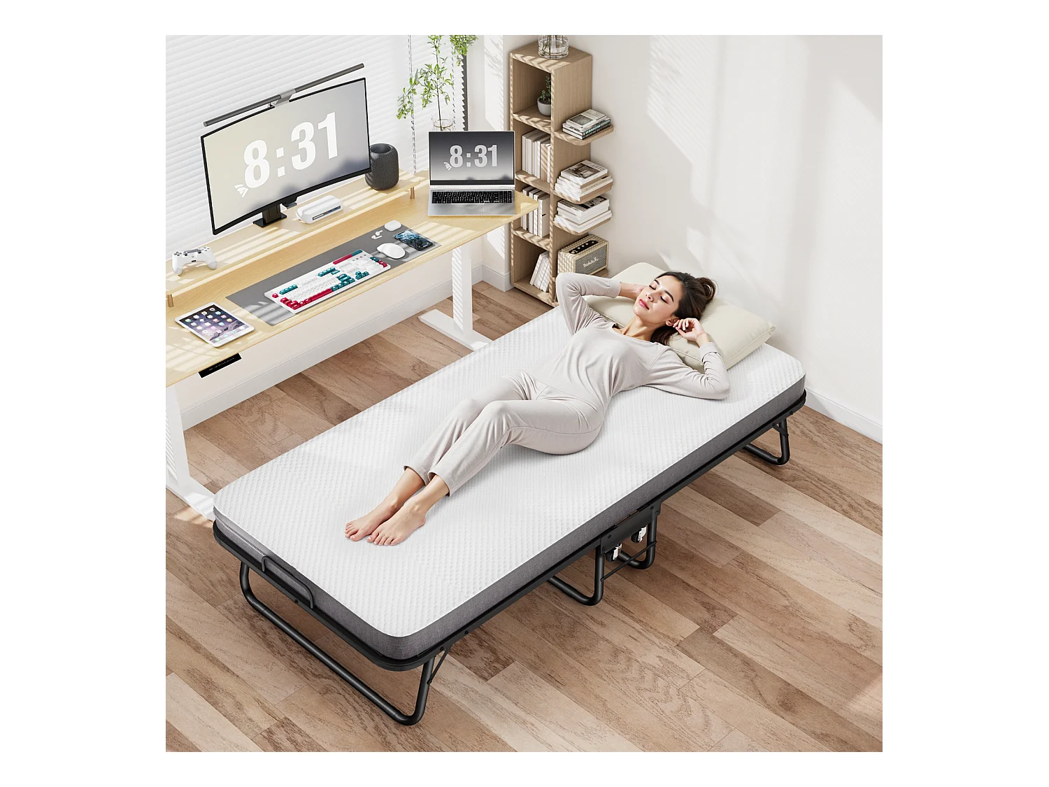 Lit pliant 90x190 cm avec matelas mousse mémoire 10 cm – Lit d’appoint pliable à roulettes, housse anti-poussière, noir