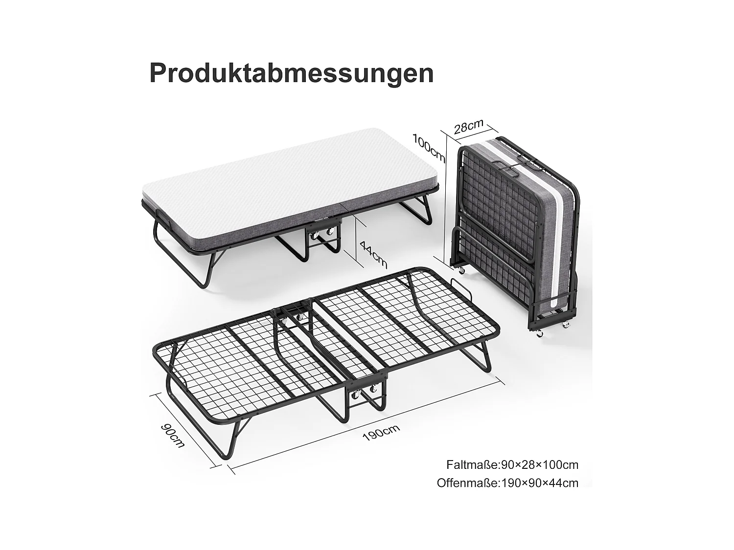 Lit pliant 90x190 cm avec matelas mousse mémoire 10 cm – Lit d’appoint pliable à roulettes, housse anti-poussière, noir