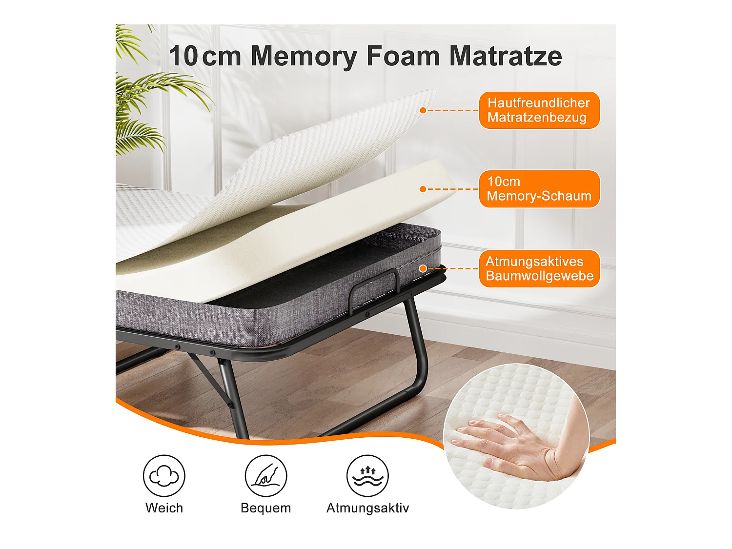 Lit pliant 90x190 cm avec matelas mousse mémoire 10 cm – Lit d’appoint pliable à roulettes, housse anti-poussière, noir