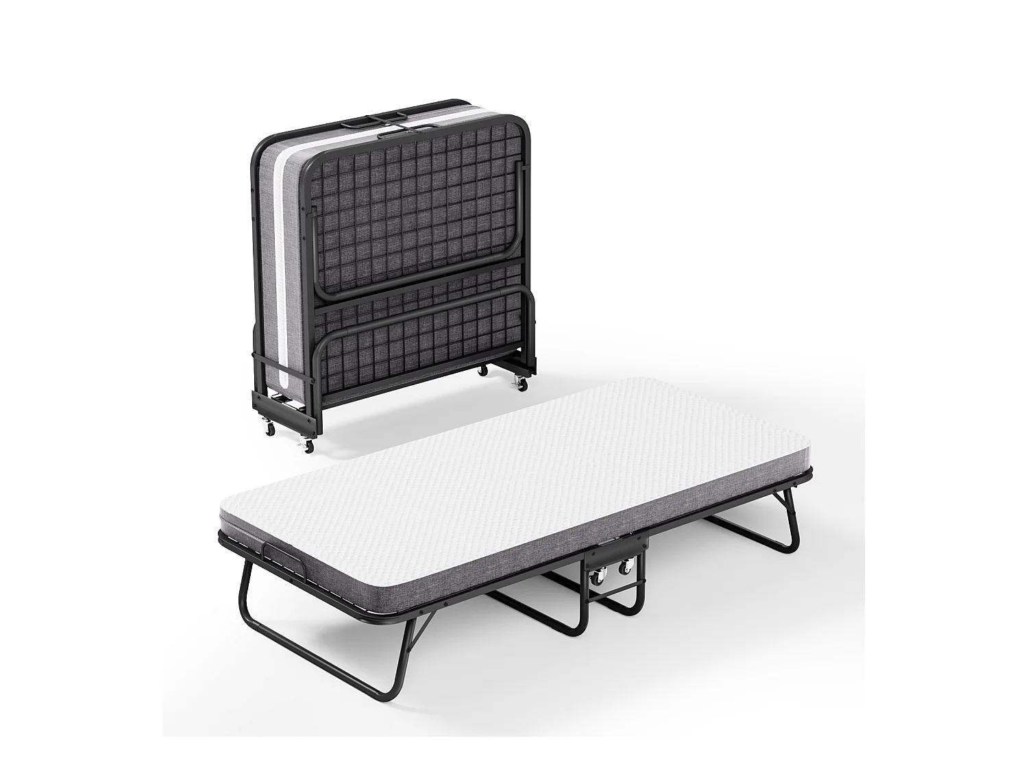 Lit pliant 90x190 cm avec matelas mousse mémoire 10 cm – Lit d’appoint pliable à roulettes, housse anti-poussière, noir