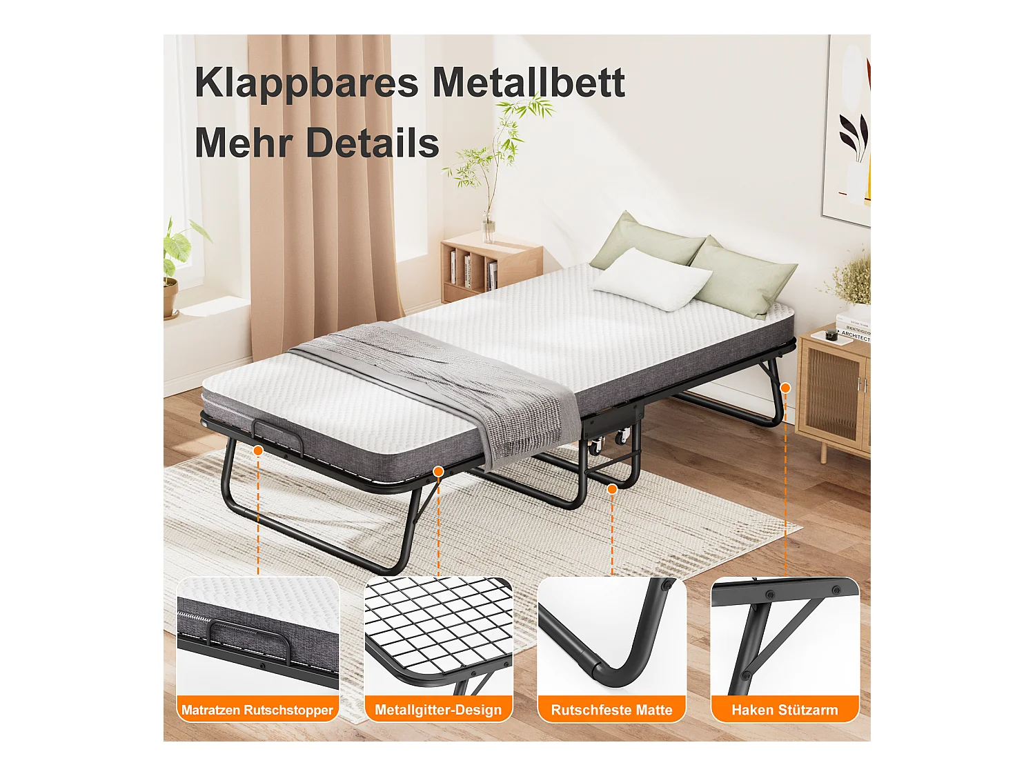 Opklapbed 90x190 cm met 10 cm traagschuimmatras - Opklapbaar logeerbed met wielen, stofhoes, zwart