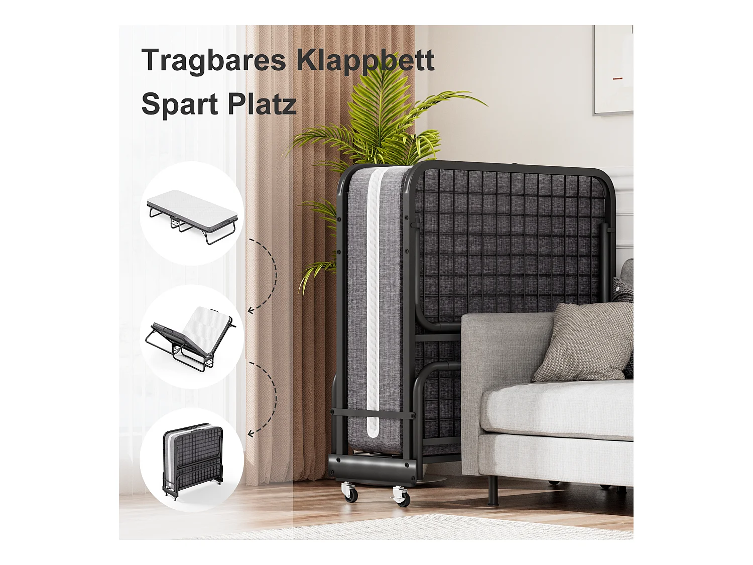 Opklapbed 90x190 cm met 10 cm traagschuimmatras - Opklapbaar logeerbed met wielen, stofhoes, zwart