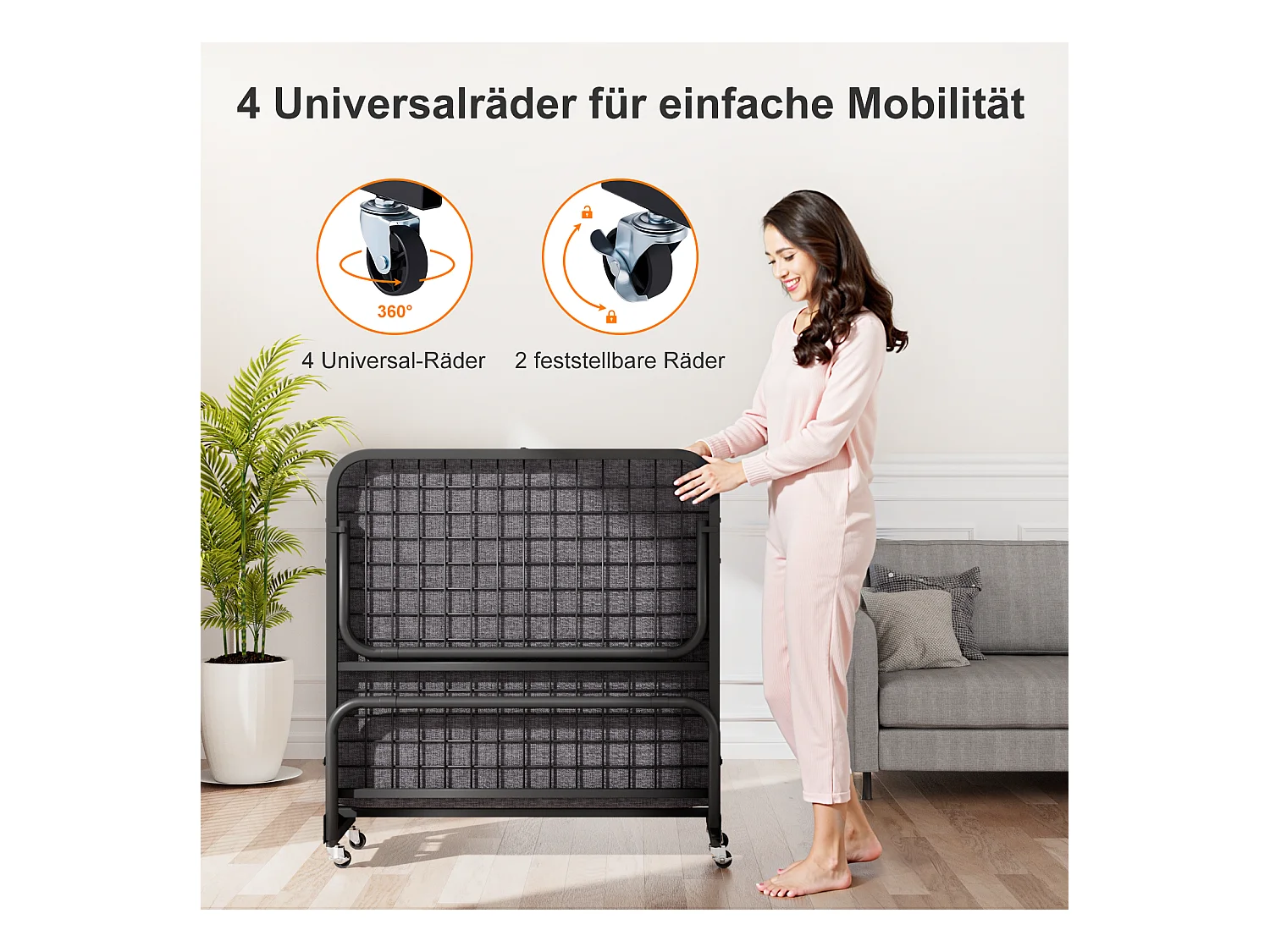 Opklapbed 90x190 cm met 10 cm traagschuimmatras - Opklapbaar logeerbed met wielen, stofhoes, zwart