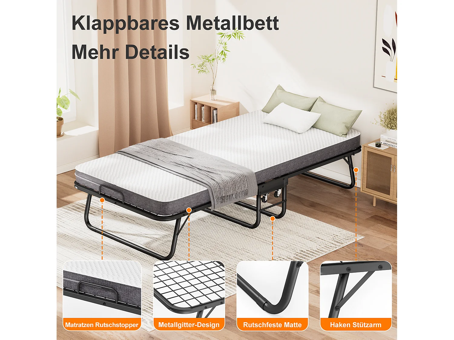 Klappbett 90x190 cm mit 10 cm Memory Foam Matratze - Klappbares Gästebett mit Rollen, Staubschutzhülle, schwarz