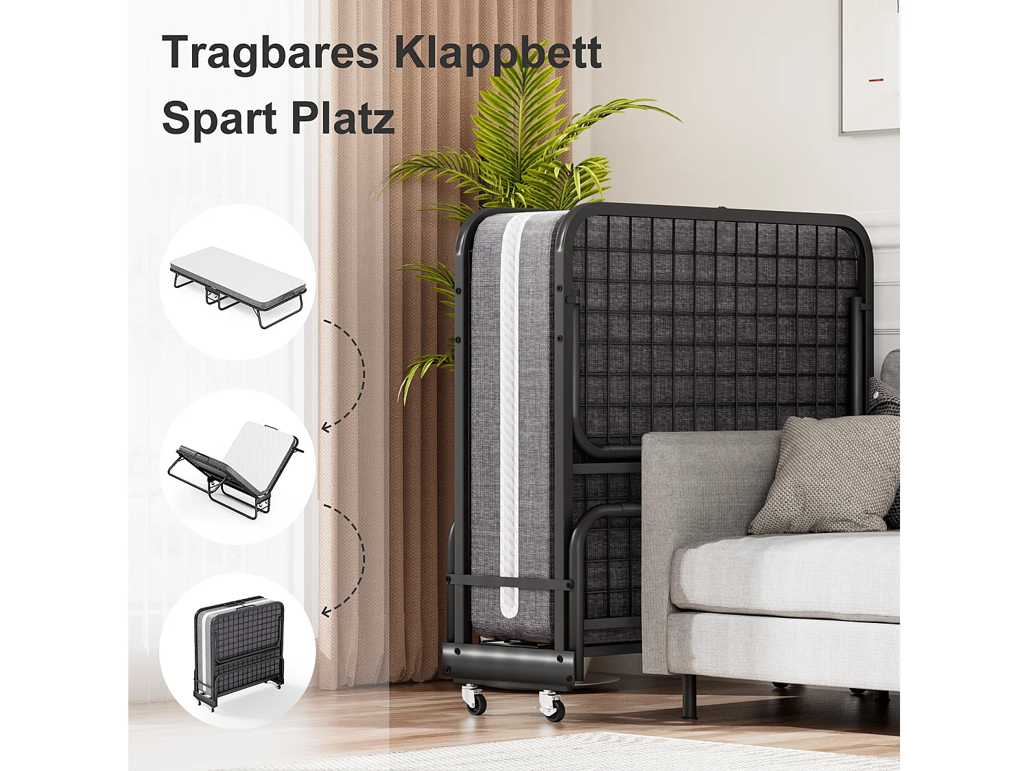 Klappbett 90x190 cm mit 10 cm Memory Foam Matratze - Klappbares Gästebett mit Rollen, Staubschutzhülle, schwarz