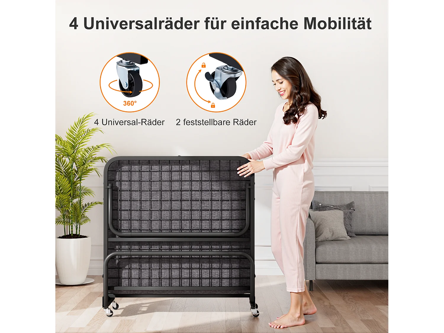 Klappbett 90x190 cm mit 10 cm Memory Foam Matratze - Klappbares Gästebett mit Rollen, Staubschutzhülle, schwarz