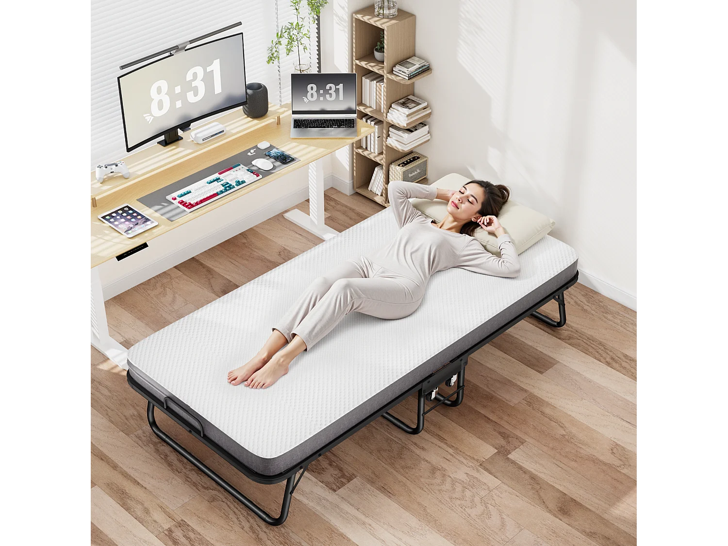 Lit pliant 90x190 cm avec matelas mousse mémoire 10 cm – Lit d’appoint pliable à roulettes, housse anti-poussière, noir