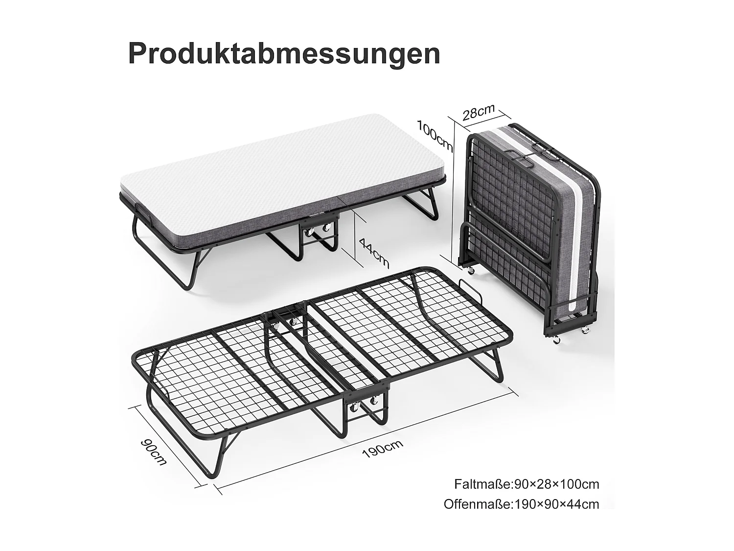 Lit pliant 90x190 cm avec matelas mousse mémoire 10 cm – Lit d’appoint pliable à roulettes, housse anti-poussière, noir