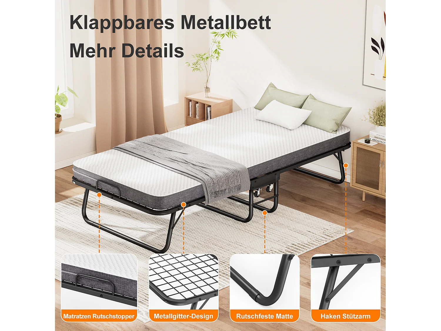 Lit pliant 90x190 cm avec matelas mousse mémoire 10 cm – Lit d’appoint pliable à roulettes, housse anti-poussière, noir