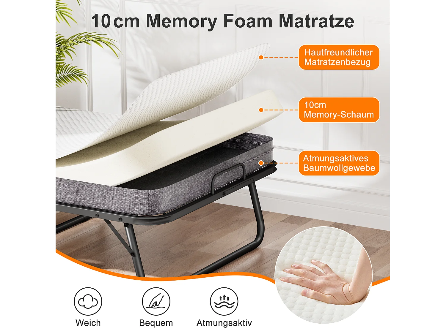 Lit pliant 90x190 cm avec matelas mousse mémoire 10 cm – Lit d’appoint pliable à roulettes, housse anti-poussière, noir